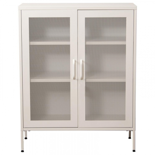 Un mueble en metal blanco lacado con dos puertas con rejilla y dos baldas en su interior