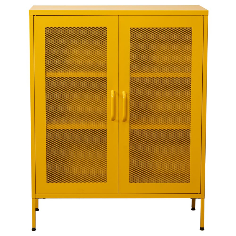 un mueble en metal amarillo con dos puertas con rejilla y dos baldas en su interior