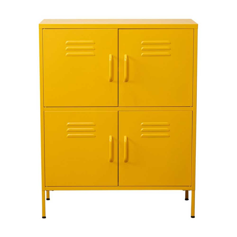 Un armario de metal amarillo con cuatro puertas con tres baldas en su interior