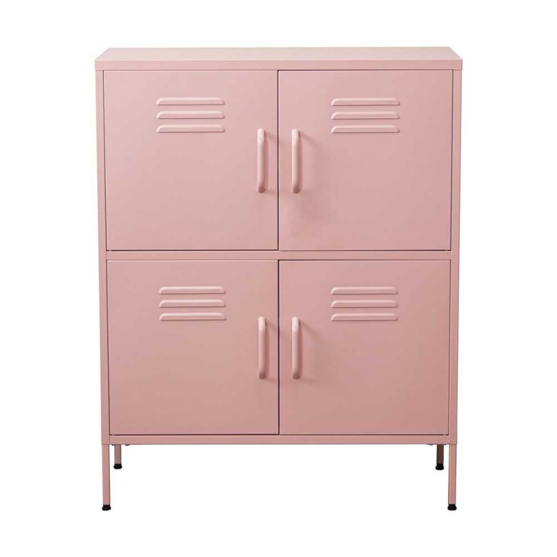 un armario en metal rosa con cuatro puertas y tres baldas en su interior