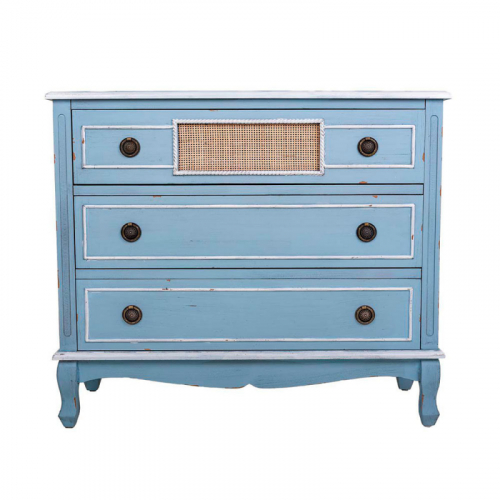 CÓMODA MADERA REJILLA AZUL 3 CAJONES 90X38X80CM