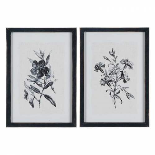 dos cuadros enmarcados en negro con lámina de flores en negro sobre fondo blanco