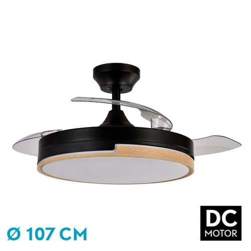 un ventilador con aspas retráctiles con las aspas despegadas, fabricado en color negro y haya.