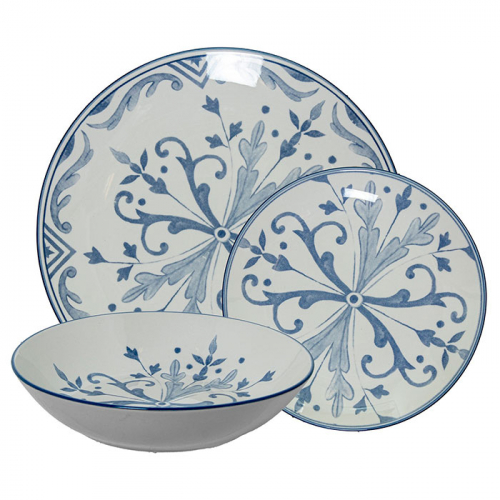 Una vajilla 18pzas porcelana azulejo azul.
