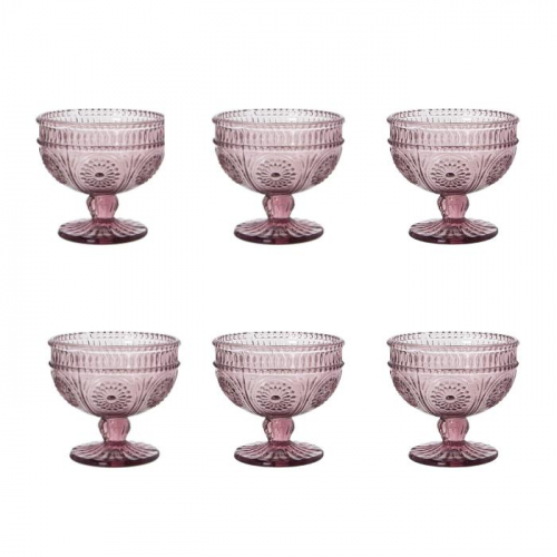 Set de 6 copas de helado en cristal rosa con relieve.
